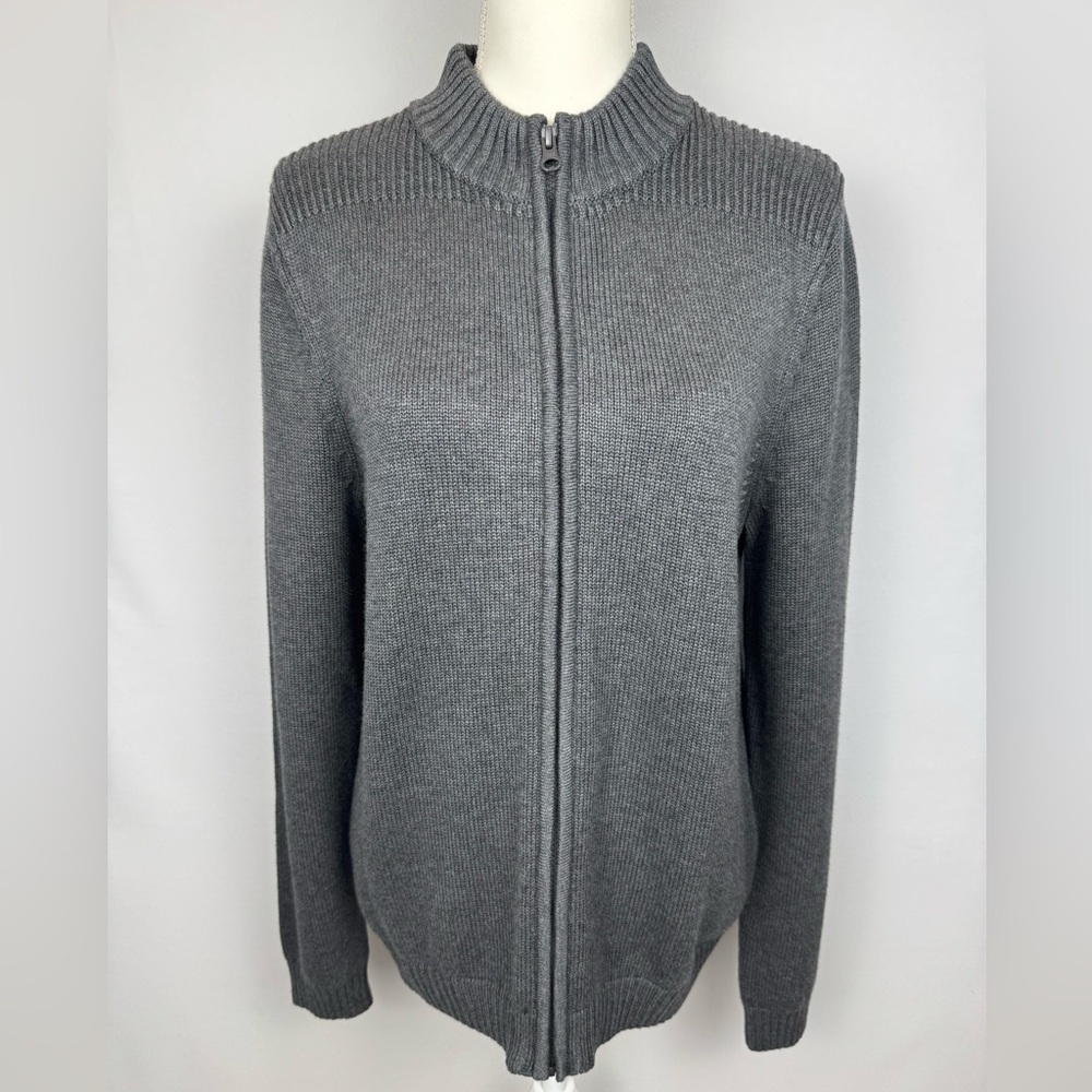Lands End Zip Up Cardigan Sweater Mock Neck Charcoal Grey Cotton Modal Size XXL